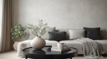 Modern living room with a gray sofa and a black coffee table in front of it. on the coffee table, there is a white vase with a plant in it, a stack of books, and a white mug.