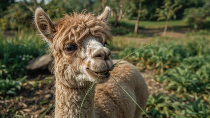 Obraz premium Alpaca chewing grass, feeding alpaca, alpaca funny face
