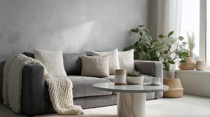 Modern living room with a gray sofa against a white wall. the sofa has several throw pillows and a white throw blanket draped over it.