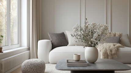 Modern living room with a large window on the left side. the window has white curtains and is letting in natural light.
