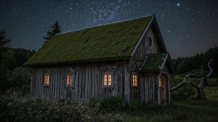 Starry night illuminating the rooftop of an ancient Viking wooden church under the night sky.