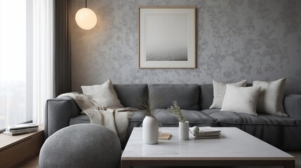 Modern living room with a gray sofa and a white coffee table in the center. the sofa is upholstered in a light grey fabric and has several throw pillows and a blanket on it.