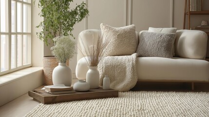 Modern living room with a large window on the left side. the window has white curtains and is letting in natural light.