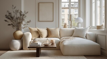 Modern living room with a large window on the right side. the window has white curtains and is letting in natural light.