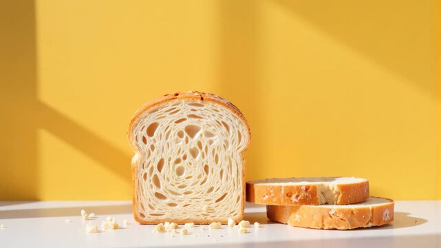 Close-up of two slices of fresh ciabatta bread on a white countertop with a bright yellow background and long shadows