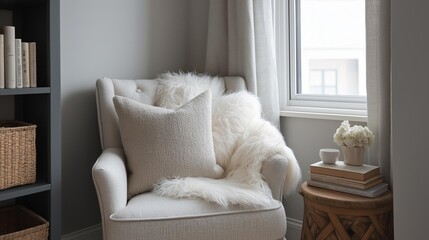 Corner of a room with a beige armchair in the center. the armchair is upholstered in a light grey fabric and has a fluffy white throw pillow on it.