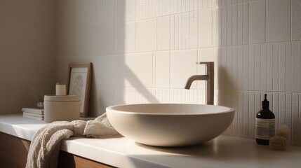 Modern bathroom with a white countertop and a white sink. the sink is a round, oval-shaped vessel sink with a silver faucet.