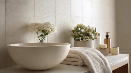 Modern bathroom with a white countertop. on the countertop, there is a large white bowl with a small vase of white hydrangeas in it.