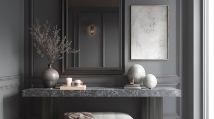 Corner of a room with a gray wall and a large mirror above a console table. the console table is made of marble and has a vase with dried branches in it on the left side.