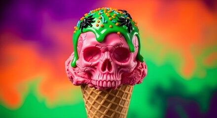 A spooky yet sweet Halloween treat A pink skull-shaped ice cream cone with creepy decorations!