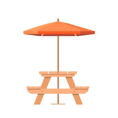 Empty picnic table with umbrella in flat style isolated on white background. Vector stock