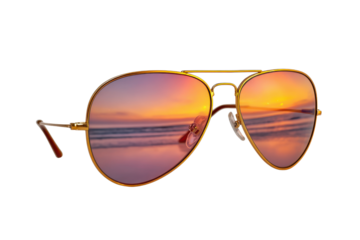 Gold aviator sunglasses reflecting a vibrant sunset over the ocean metal frame, Png, Isolated on Transparent Background, Cut Out