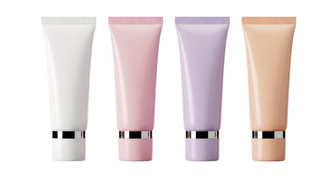 Four cosmetic tubes with silver caps isolated on transparent background