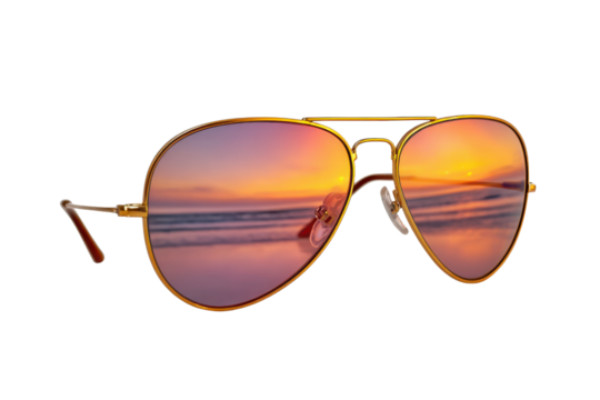 Gold aviator sunglasses reflecting a vibrant sunset over the ocean metal frame, Png, Isolated on Transparent Background, Cut Out - Powered by Adobe