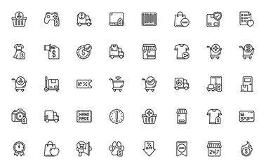 Online Store icon set. E-commerce vector icons pack.Includes shopping cart, deivery, payment, barcode, wshlist, discount and more.Editable stroke.