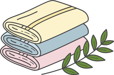 Stack of neatly folded pastel towels with a green sprig of leaves, clean and fresh