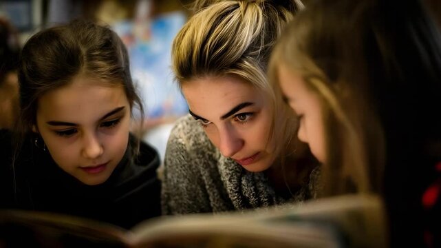 Three girls closely reading a book together.