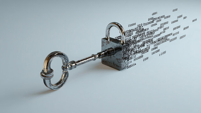 Key unlocking a padlock with flowing binary code illustrating the concept of computer security and cybersecurity measures