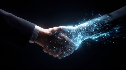 Handshake between human and digital entity symbolizes collaboration in cybersecurity and computer security efforts to safeguard data and networks