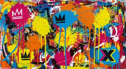 Abstract painting featuring colorful splatters, drips, and geometric shapes including crowns and letters on a textured background.