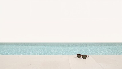 Isolated swimming pool against a white backdrop with sunglasses placed on the ground