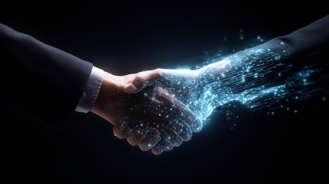 Handshake between human and digital entity symbolizes collaboration in cybersecurity and computer security efforts to safeguard data and networks