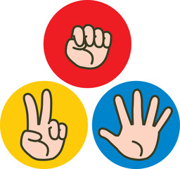 赤・黄・青の丸に入ったグー・チョキ・パーのハンドサインアイコンセット（じゃんけん・ジェスチャー・手のイラスト）