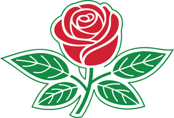 Stylized Red Rose with Green Leaves on a White Background, Simple Floral Icon