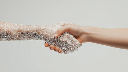 Handshake between human and digital entity symbolizes collaboration in computer security and cybersecurity advancements