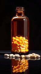 Amber Glass Bottle Filled with Yellow and White Pills on Dark Reflective Surface