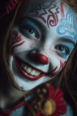 Joyful clown girl with colorful face paint smiling, bright eyes, red nose, and elaborate designs in portrait style