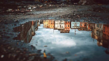Reflections of Abandoned Buildings in a Puddle on a Rainy Day in an Urban Environment
