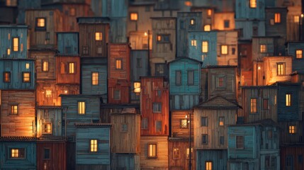 Colorful Wooden Structures with Illuminated Windows at Night in a Chaotic Urban Environment