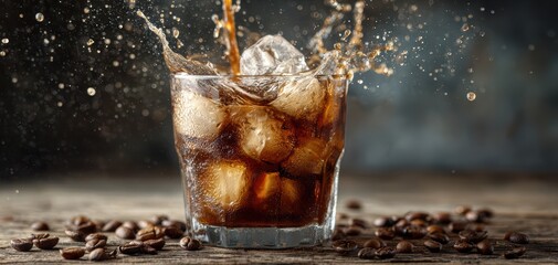 Refreshing Cold Beverage with Ice and Splash Effect on Wooden Table Surrounded by Coffee Beans