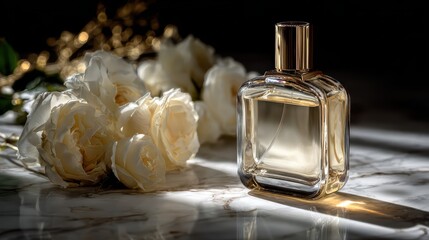 Elegant Glass Perfume Bottle Surrounded by White Roses on a Marble Surface in Soft Light