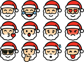 emoji icon sets of Santa Claus in a 2D flat line art style with solid colors (no gradients).