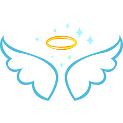 Cartoon Angel Wings and Halo with Sparkling Stars Isolated on White Background Simple Line Art Style