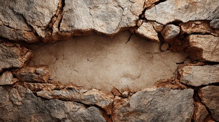 Textured Cracked Surface with Rough Natural Stone and Empty Center in Earthy Tones for Background or Design