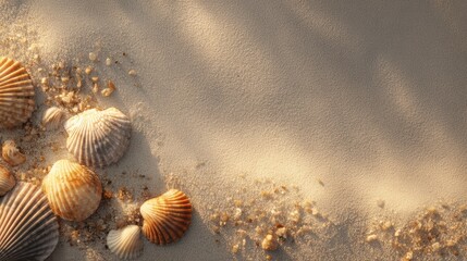 Natural Beach Scene with Seashells and Sand Creating a Serene Coastal Atmosphere at Sunset