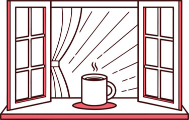 Steaming Coffee Cup on a Windowsill with Open Shutters and Curtains