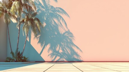 Tranquil Tropical Palm Trees Casting Shadows on a Modern Minimalist Wall in Warm Sunset Light