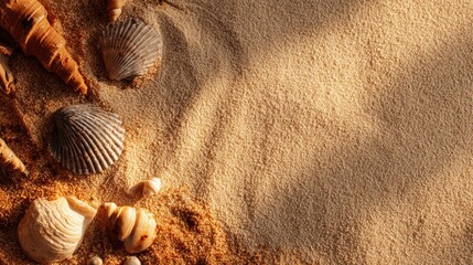 Beautiful Composition of Seashells on Soft Sand at the Beach with Natural Sunlight Highlighting Textures