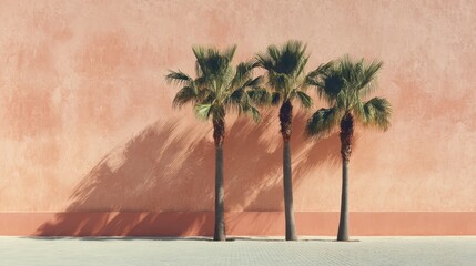 Tropical Palm Trees Against a Colorful Wall in Warm Evening Light for Relaxing and Vacation Themes