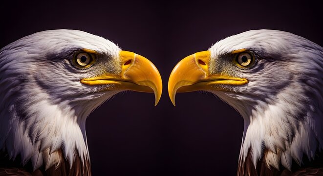 Close-up of two American bald eagles facing each other with sharp gazes against a dark background.