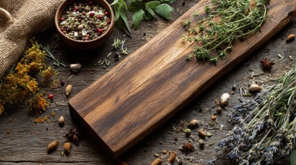 Fresh Herbs and Spices Arranged on Rustic Wooden Board for Culinary Use and Natural Cooking Inspiration