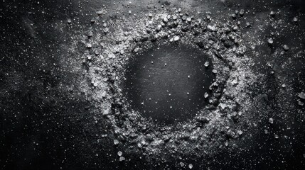 Black Background with Circular Hole Surrounded by Gray and White Powder Texture Creating a Dramatic Scene