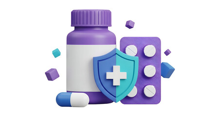 Obraz premium 3d rendering of a purple medicine bottle with a shield and pills, isolated on transparent background