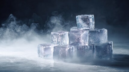 Ice Cubes Stacked Artfully with Mist and Smoke on a Dark Background for Creative and Culinary Use