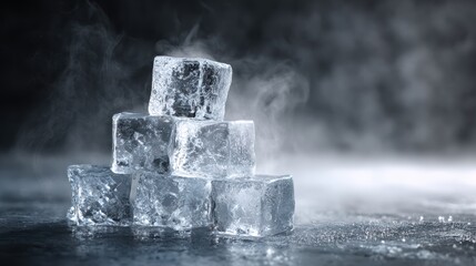 Frozen Ice Cubes Stacked with Steam Against a Dark Background for Creative Food and Beverage Photography