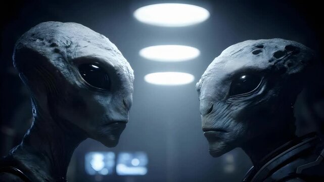 Two gray aliens face each other in a dim, high-tech laboratory under bright circular ceiling lights.